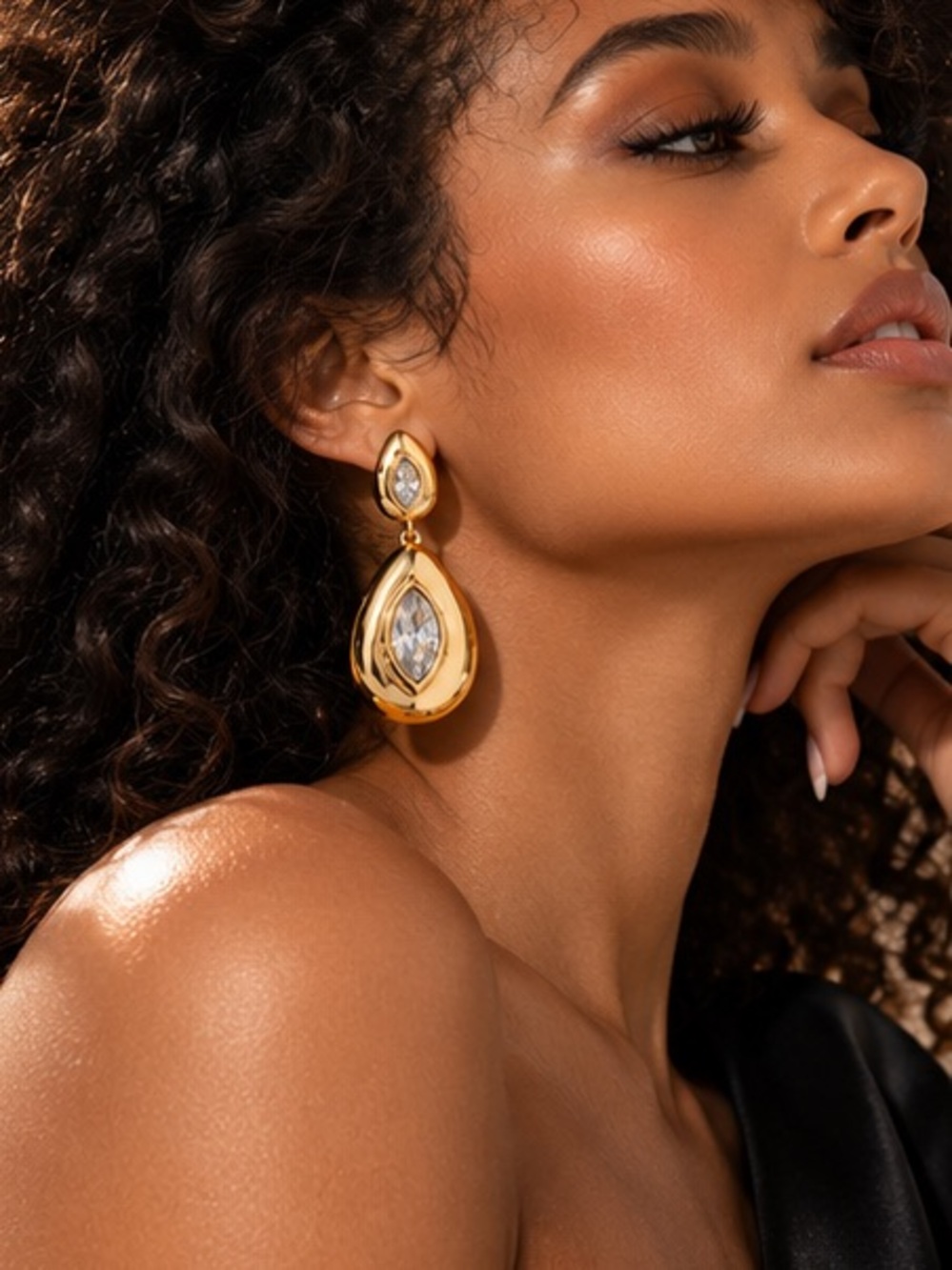 Sculptural Gold Teardrop Crystal Earrings Luxe Marquise Gemstone Earrings